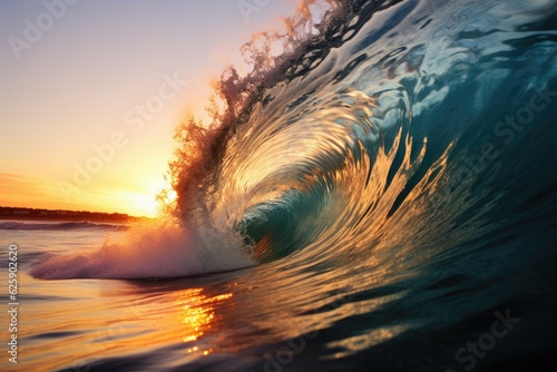 Beautiful ocean wave with copy space at sunset.