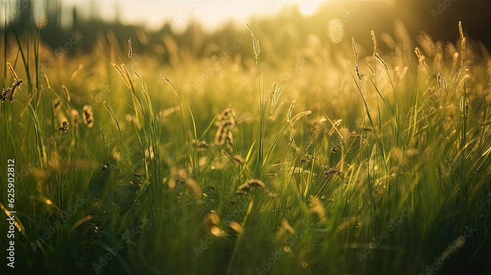Grass in the meadow at sunset. Beautiful nature background.