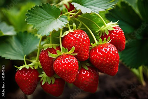 Obraz na płótnie Beautiful strawberry growing on a bush.
