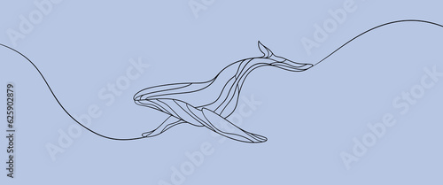 Whale line drawing on blue background. Animal tattoo design. Animal outline vector illustration.