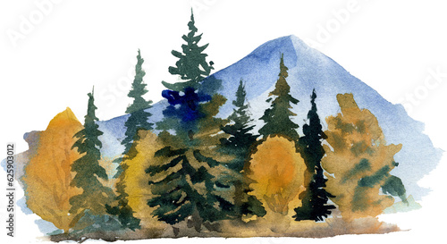 Watercolor landscape, mountains and coniferous forest, PNG with transparent background