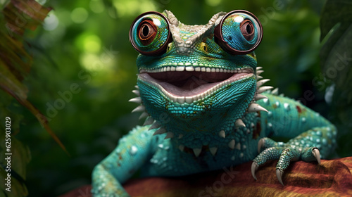 portrait reptile green glasses iguana scale lizard close-up wildlife animal. Generative AI.