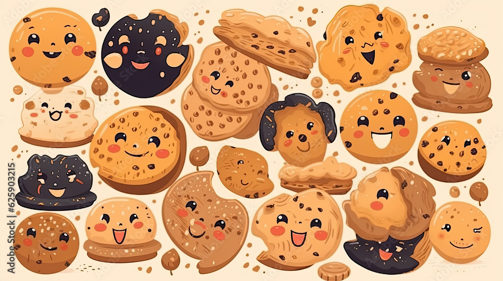 Set of cute cookies with different facial expressions. cartoon style.