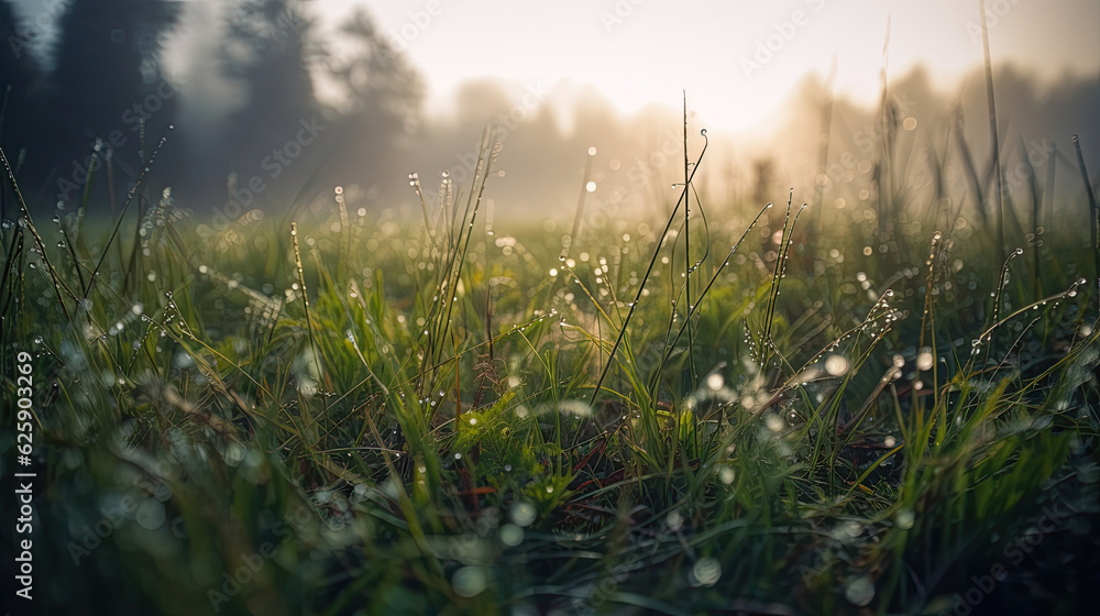 green grass with dew drops in the morning on a sunny day