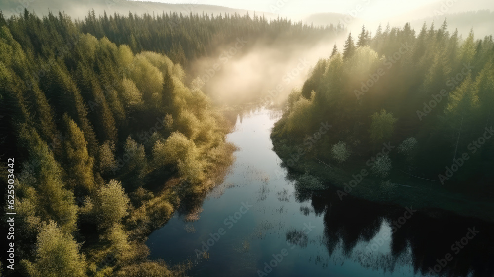 Aerial view of the river flowing through the forest in the morning