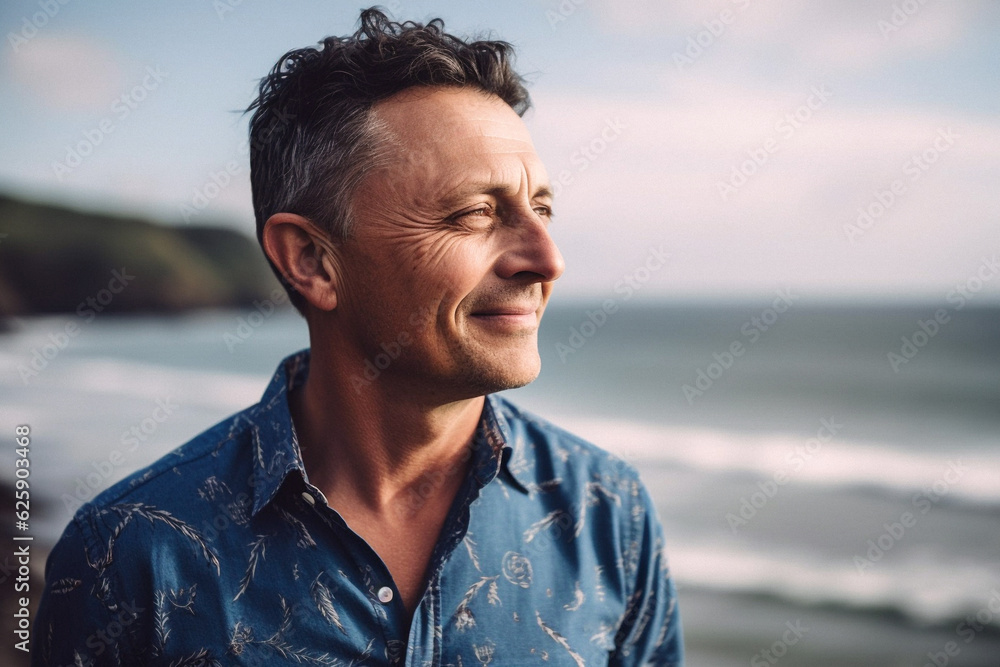 Portrait of a pleased middle age man enjoying a vacation at the sea shore, landscape background Portrait of a pleased middle age man enjoying a vacation at the sea shore, landscape background