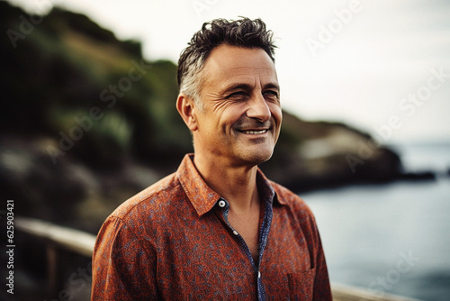 Lifestyle portrait of a smiling middle age man enjoying a walk on the sea shore, landscape background