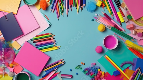 School supplies on blue background. Back to school concept. Top view.