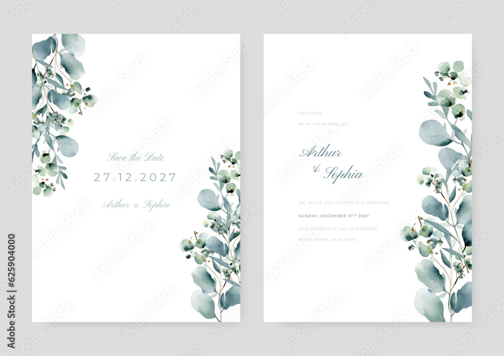 vector hand drawn green floral wedding invitation card template