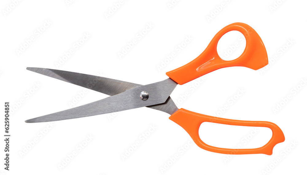 Multipurpose scissors with orange handle isolated on white background with clipping path in png file format. Multipurpose scissors with orange handle isolated on white background with clipping path in png file format.