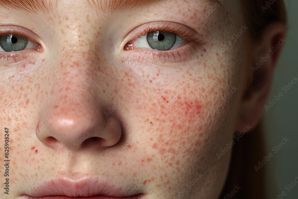 a close up of a woman with freckles,rosacea couperose redness skin.Generative Ai a close up of a woman with freckles,rosacea couperose redness skin.Generative Ai