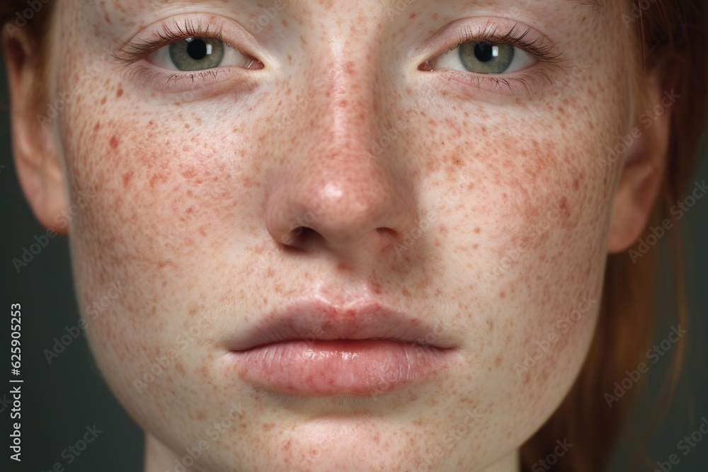 a close up of a woman with freckles,rosacea couperose redness skin.Generative Ai a close up of a woman with freckles,rosacea couperose redness skin.Generative Ai