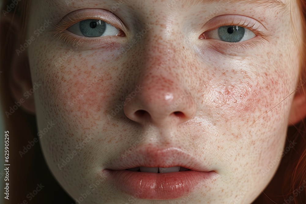 a close up of a woman with freckles,rosacea couperose redness skin.Generative Ai a close up of a woman with freckles,rosacea couperose redness skin.Generative Ai