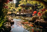 Peaceful Garden with a Tranquil Pond and Koi Fish, Generative AI