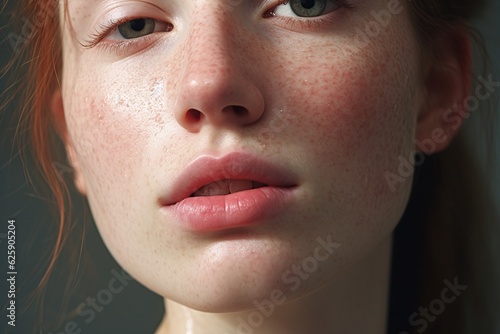 a close up of a woman with freckles,rosacea couperose redness skin.Generative Ai © Rudsaphon