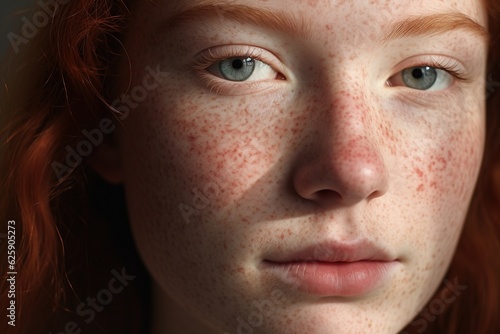 a close up of a woman with freckles,rosacea couperose redness skin.Generative Ai