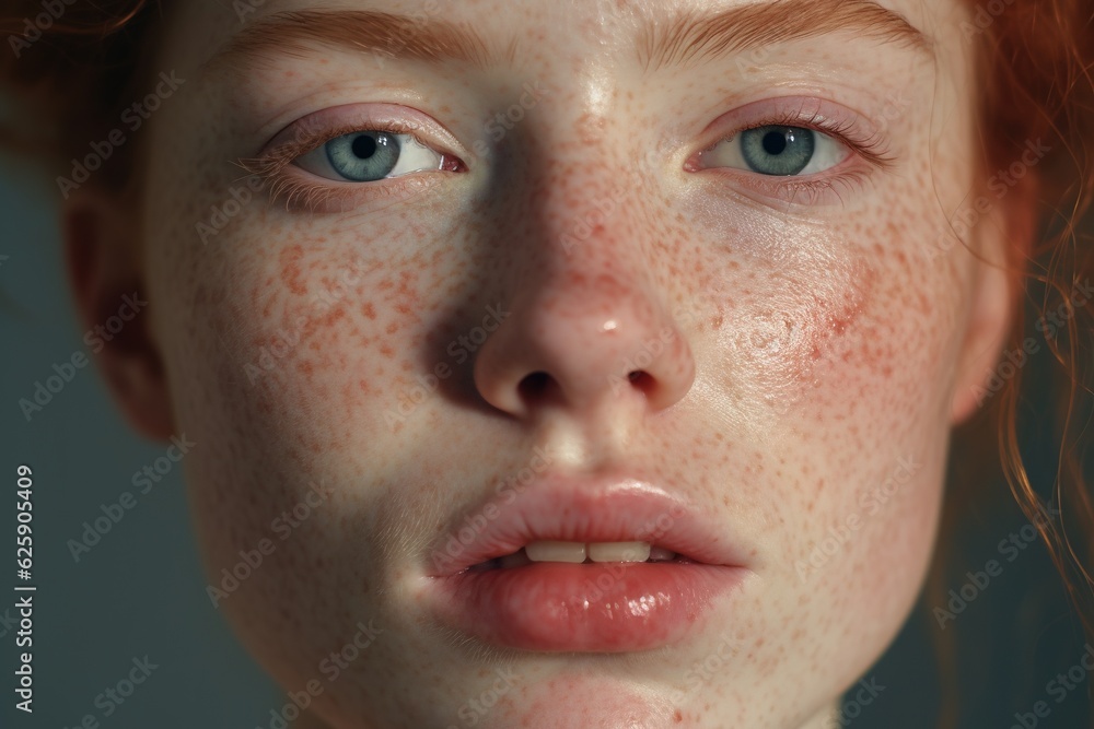 a close up of a woman with freckles,rosacea couperose redness skin.Generative Ai a close up of a woman with freckles,rosacea couperose redness skin.Generative Ai