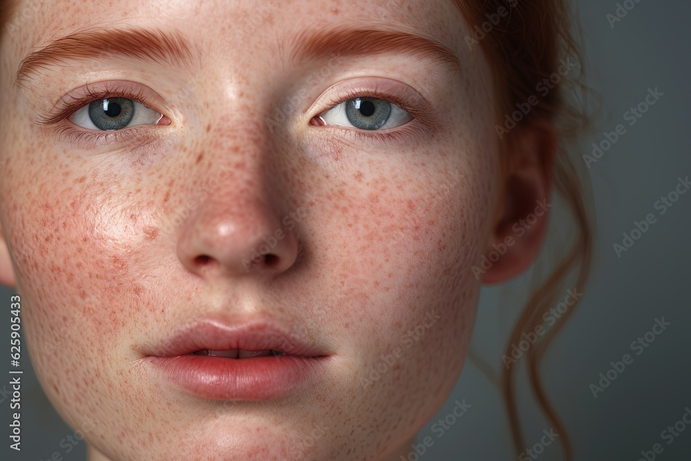 a close up of a woman with freckles,rosacea couperose redness skin.Generative Ai a close up of a woman with freckles,rosacea couperose redness skin.Generative Ai
