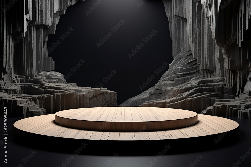 Wooden platform, stone floor on stage, in the style of crystal and geological forms, graphic compositions inspired by rock, minimalist conceptualism