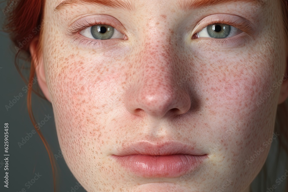 a close up of a woman with freckles,rosacea couperose redness skin.Generative Ai a close up of a woman with freckles,rosacea couperose redness skin.Generative Ai