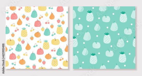 Vector about Seamless patterns with fruits, hand-drawn cartoons, cute backgrounds for printing, wallpaper, and children's clothing pattern design. vector illustration