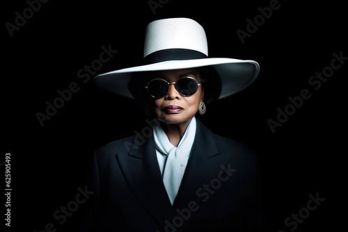 senior woman with white hat standing on black background, studio portrait