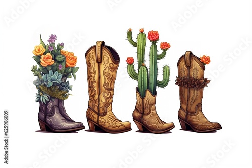 Cowboy Boots with Cactuses Watercolor Art Generative AI