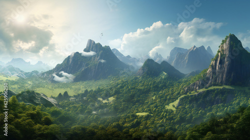 Towering mountains embraced by lush green forests, creating a breathtaking landscape that captivates the soul. (AI Generative)