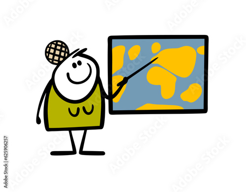 Teacher in the geography lesson talks about the countries of the world and shows on the map with a pointer. Vector illustration woman and education.