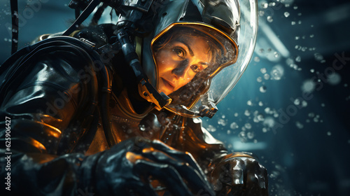 A skilled woman diver engaged in a fascinating underwater assignment, exploring the depths with precision and wonder. (AI Generative)