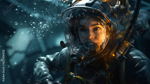 An adventurous female diver gracefully conducting underwater work, surrounded by the mesmerizing marine life