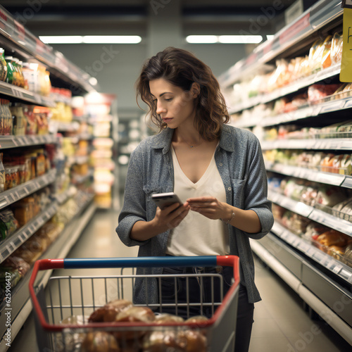 A woman looking indecisive in a supermarket aisle, surrounded by a plethora of choices. (AI Generative)