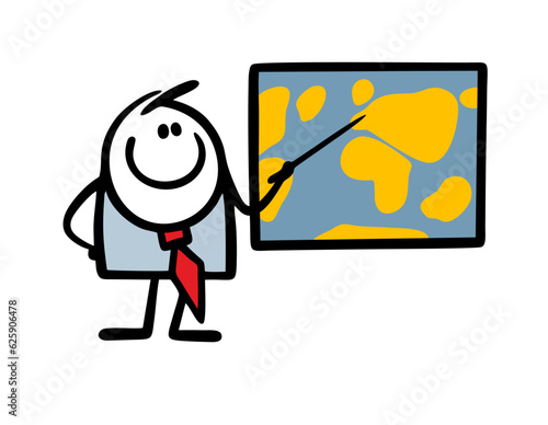 Male friendly teacher shows countries on a geographical map of the world with a pointer. Vector illustration of a lesson at school.