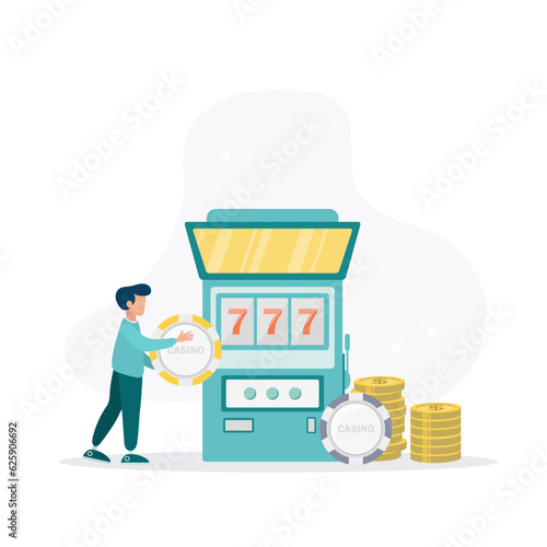 Casino and gambling concept. Tiny people are gambling. People play slot machines. Modern flat cartoon style. Vector illustration
