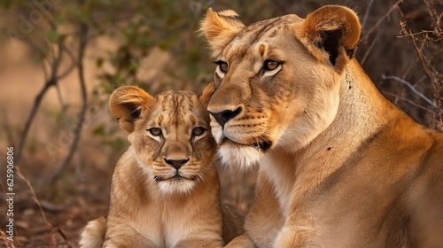 Lioness with baby. Generative AI