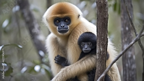 Сheeked gibbon with baby. Generative AI