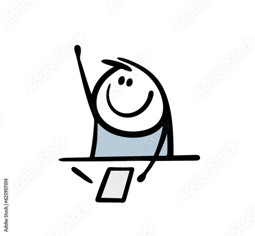 Student is sitting at his desk and raises his hand, wants to answer homework. Vector illustration of smart boy answering a question back to school.
