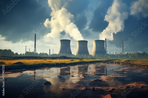 Nuclear power plant with cooling towers in the evening. Toned.