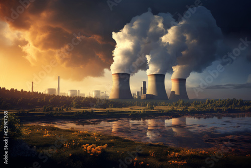 Nuclear power plant in the sunset. Concept of environmental pollution.