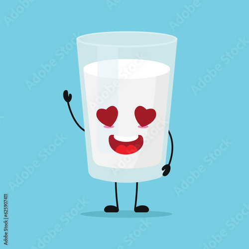Cute happy milk glass character. Funny fall in love milk cartoon emoticon in flat style. dairy emoji vector illustration