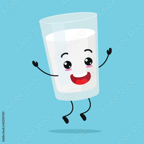 Cute happy milk glass character. Funny jump milk cartoon emoticon in flat style. dairy emoji vector illustration