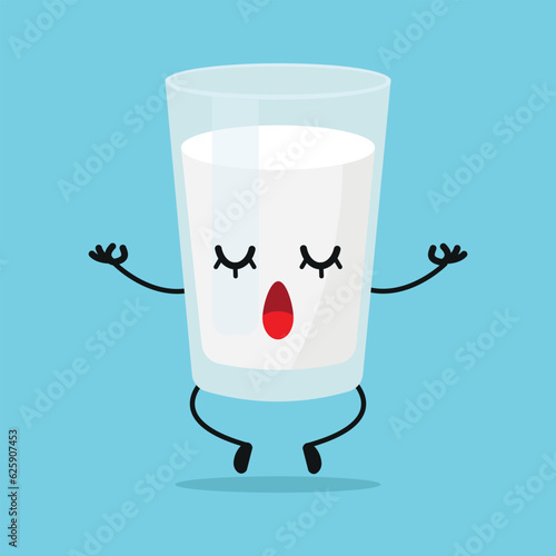 Cute relax milk glass character. Funny yoga milk cartoon emoticon in flat style. dairy emoji meditation vector illustration