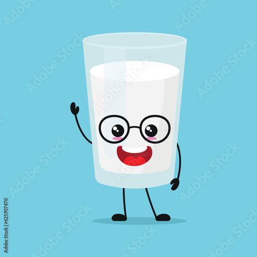 Cute happy milk glass character. Smiling and greet milk cartoon emoticon in flat style. dairy emoji vector illustration