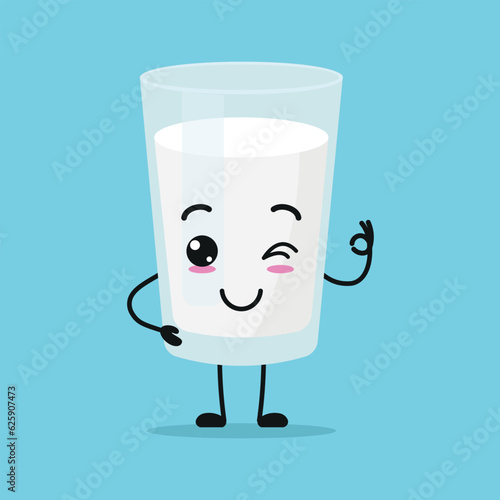Cute happy milk glass character. Funny smiling and blink milk cartoon emoticon in flat style. dairy emoji vector illustration