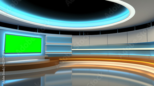 Tv Studio. News studio. News room. Background for newscast. Backdrop for video or photo production. Generative AI technology.V © vachom