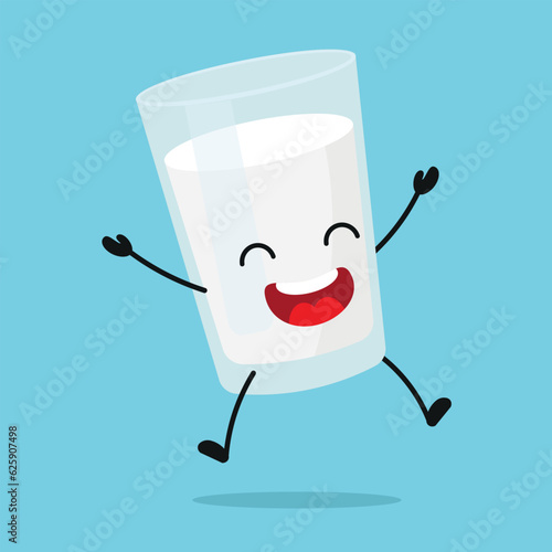 Cute happy milk glass character. Funny victory jump celebration milk cartoon emoticon in flat style.