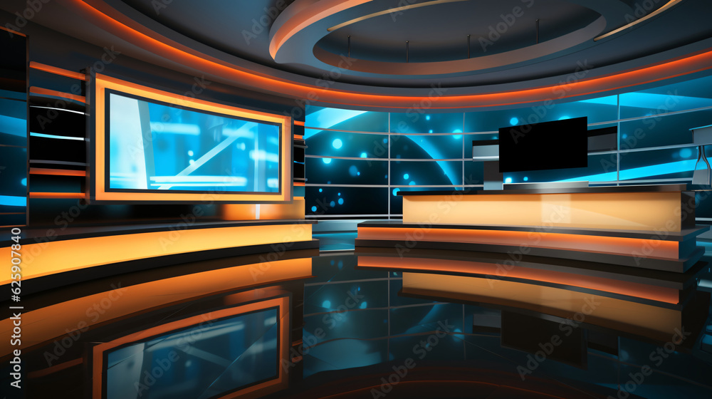 Tv Studio. News studio. News room. Background for newscast. Backdrop for video or photo production. Generative AI technology.V Tv Studio. News studio. News room. Background for newscast. Backdrop for video or photo production. Generative AI technology.V