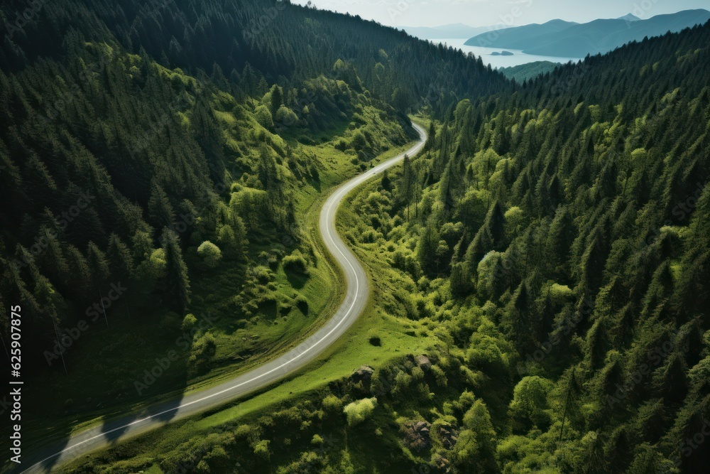 Aerial view of a mountain road in the Carpathian mountains