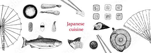 Japanese Restaurant Menu. Hand-drawn illustration of dishes and products. Ink. Vector