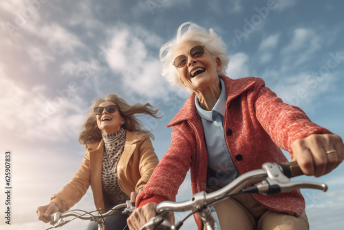 Senior female friends riding bicycle against sky. AI Generative